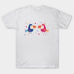 The Two colorful funny parrots meeting for a gossip surrounded with dots in many colors T-Shirt